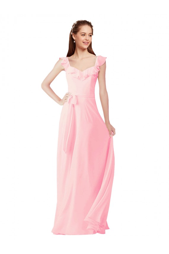 Achat Rose Trapèze Col V Mousseline Longue Robes demoiselle d'honneur