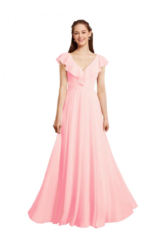 Achat Rose Trapèze Col V Mousseline Longue Robes demoiselle d'honneur
