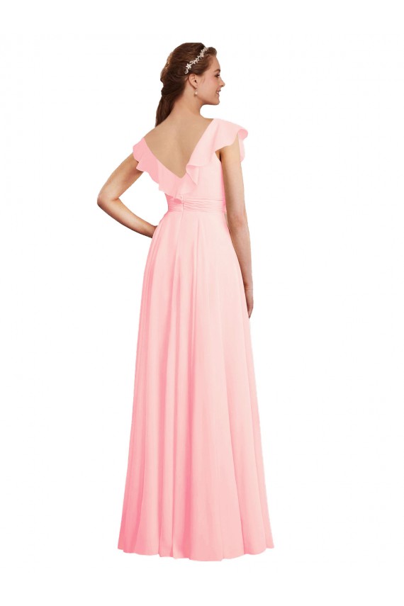 Achat Rose Trapèze Col V Mousseline Longue Robes demoiselle d'honneur