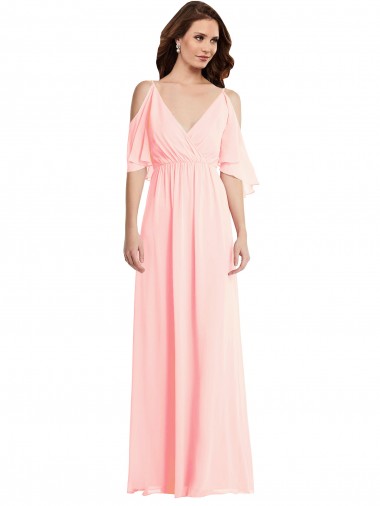 Achat Rose Trapèze Col V Mousseline Longue Robes demoiselle d'honneur
