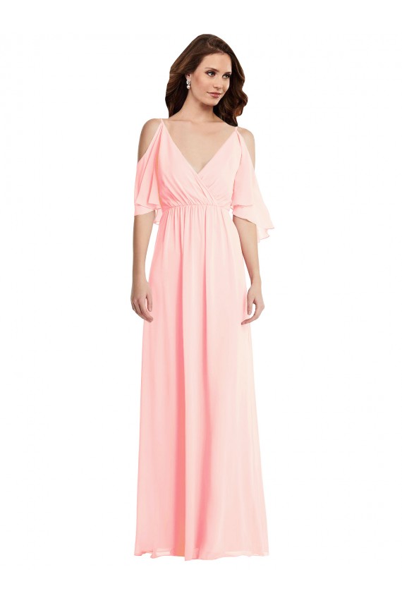 Achat Rose Trapèze Col V Mousseline Longue Robes demoiselle d'honneur