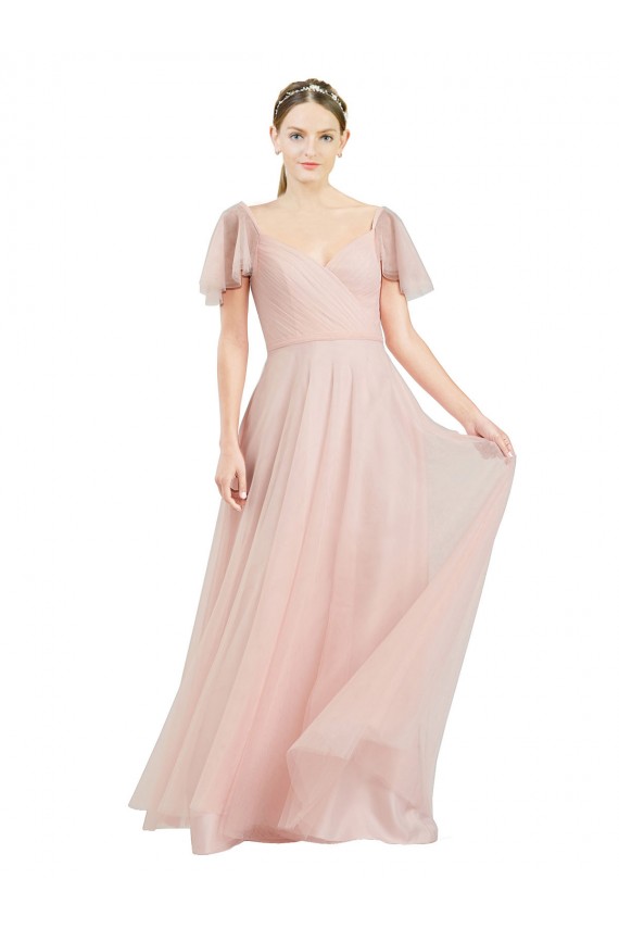 Achat Rose Trapèze Col V Tulle Longue Robes demoiselle d'honneur