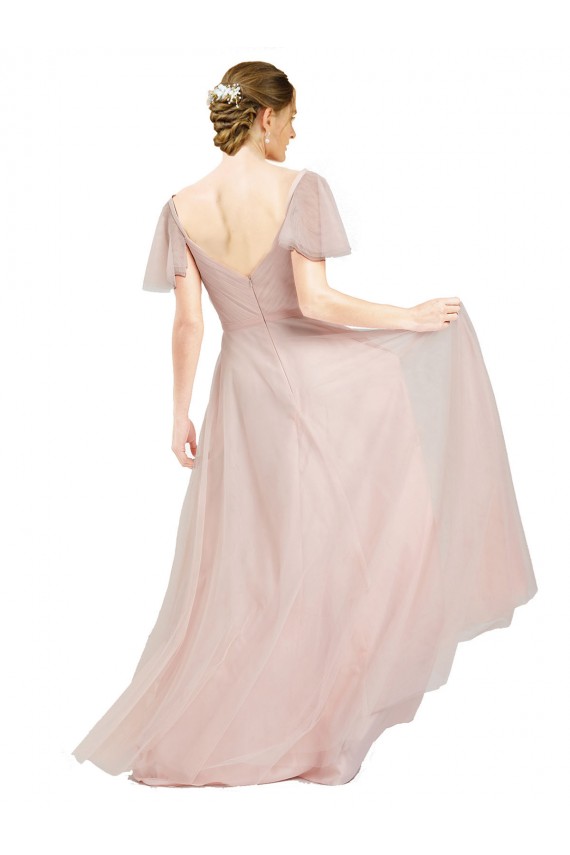 Achat Rose Trapèze Col V Tulle Longue Robes demoiselle d'honneur