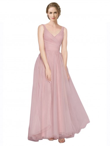 Achat Rose Trapèze Col V Tulle Longue Robes demoiselle d'honneur