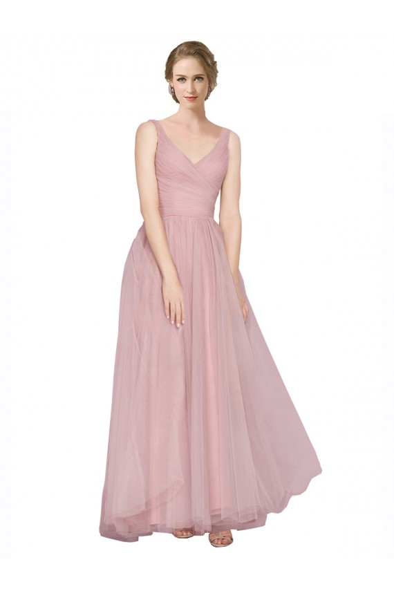 Achat Rose Trapèze Col V Tulle Longue Robes demoiselle d'honneur