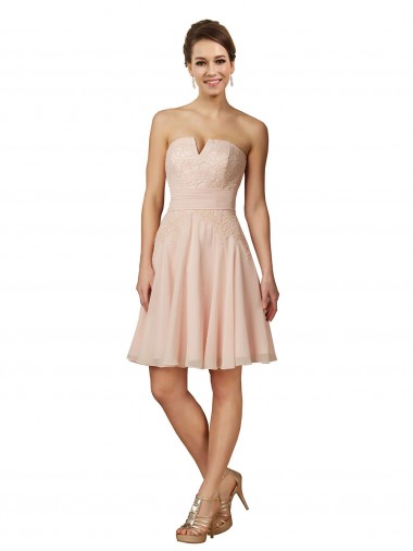 Achat Rose Trapèze Mousseline Dentelle Courte Robes demoiselle d'honneur / Robes de cocktail