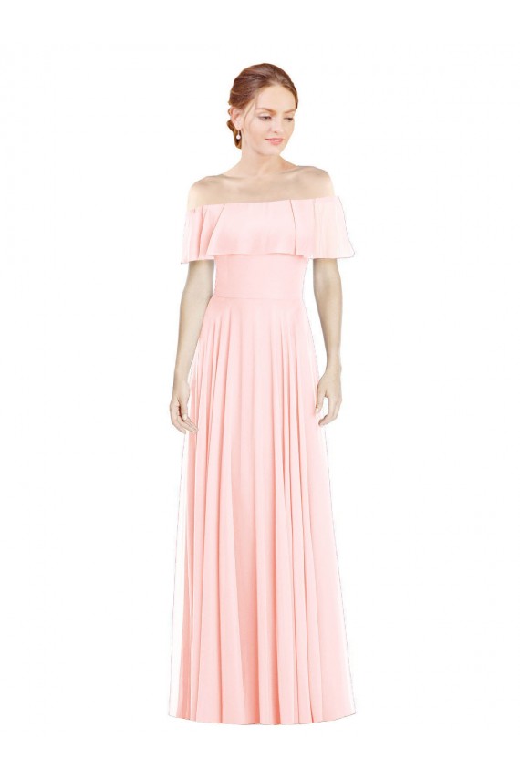 Achat Rose Trapèze Épaule Dénudée Col Carré Mousseline Longue Robes demoiselle d'honneur