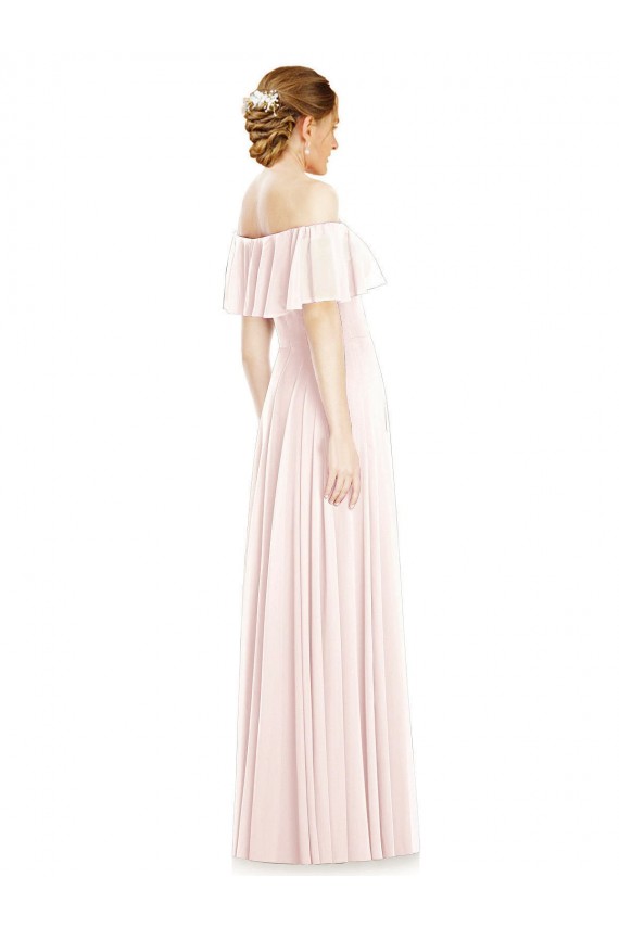 Achat Rose Trapèze Épaule Dénudée Col Carré Mousseline Longue Robes demoiselle d'honneur