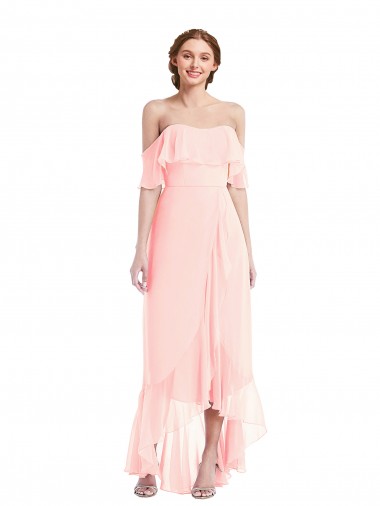 Achat Rose Trapèze Épaule Dénudée Mousseline Longue Asymétrique Robes demoiselle d'honneur