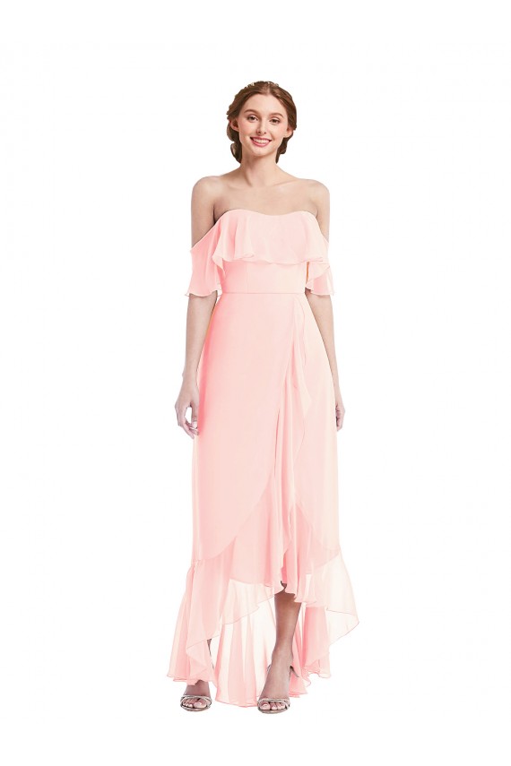 Achat Rose Trapèze Épaule Dénudée Mousseline Longue Asymétrique Robes demoiselle d'honneur
