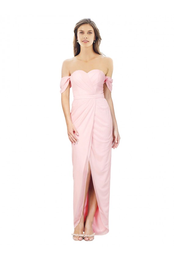 Achat Rose Trapèze Épaule Dénudée Sans bretelle Mousseline Longue Asymétrique Robes demoiselle d'honneur