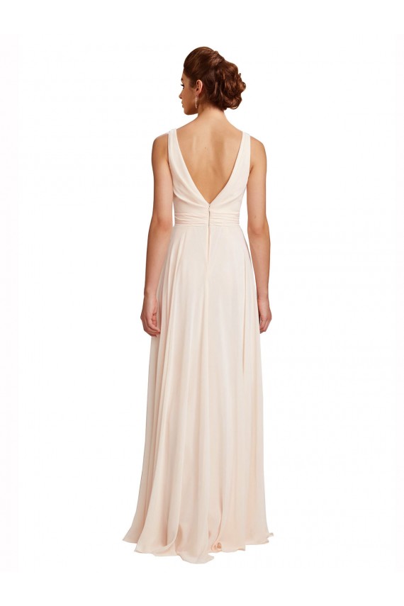 Achat Rose crème Trapèze Bateau Col Haut Mousseline Longue Robes demoiselle d'honneur