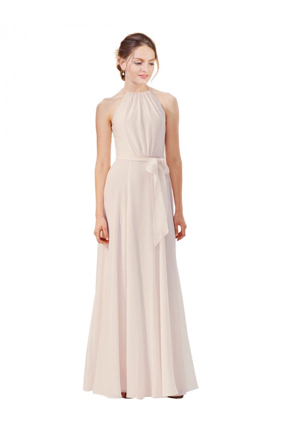 Achat Rose crème Trapèze Bateau Col Haut Mousseline Longue Robes demoiselle d'honneur
