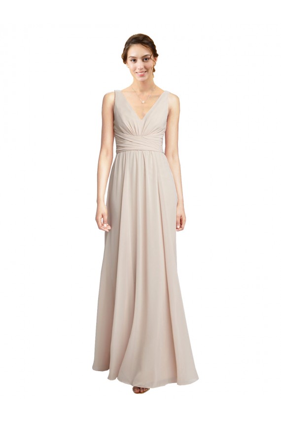 Achat Rose crème Trapèze Col V Mousseline Longue Robes demoiselle d'honneur