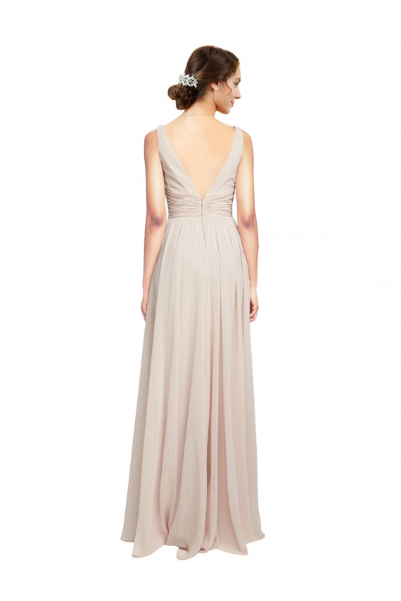 Achat Rose crème Trapèze Col V Mousseline Longue Robes demoiselle d'honneur