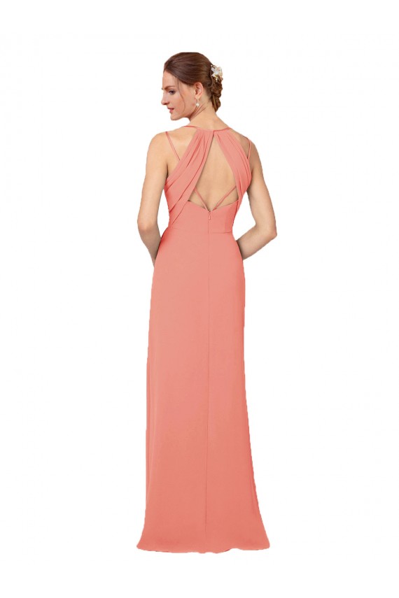 Achat Rose du Désert Fourreau Col V Mousseline Longue Robes demoiselle d'honneur