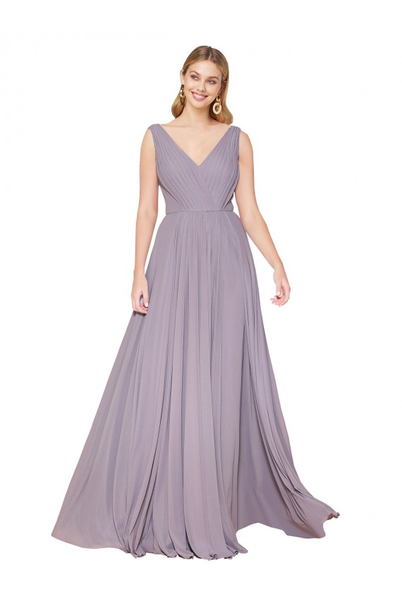 Achat Rose poudré Trapèze Col V Mousseline Longue Formelles Robes demoiselle d'honneur / Robes de soirée / Robes de bal