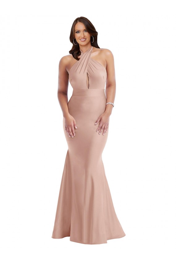 Achat Rose poussiéreux Sirène Licou Satiné Soyeux Longue Formelles Robes demoiselle d'honneur / Robes de soirée / Robes de bal