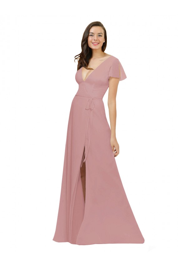 Achat Rose poussiéreux Trapèze Col V Mousseline Longue Robes demoiselle d'honneur