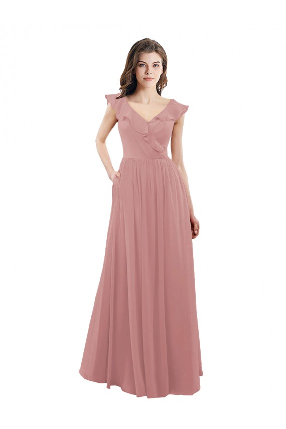 Achat Rose poussiéreux Trapèze Col V Mousseline Longue Robes demoiselle d'honneur