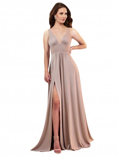 Achat Rose poussiéreux Trapèze Col V Spandex Longue Formelles Robes demoiselle d'honneur / Robes de soirée / Robes de bal