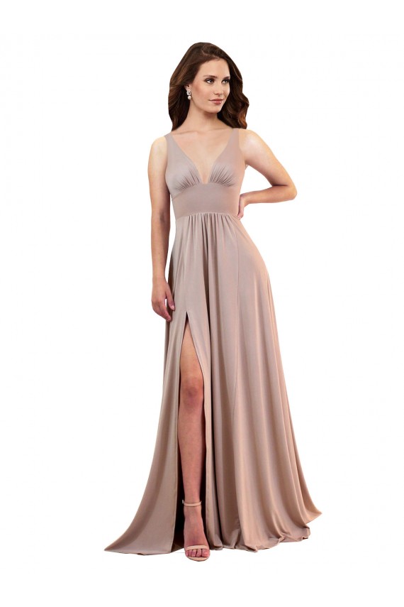 Achat Rose poussiéreux Trapèze Col V Spandex Longue Formelles Robes demoiselle d'honneur / Robes de soirée / Robes de bal