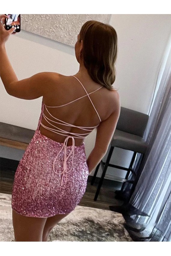 Achat Rose vif Fourreau Bretelles spaghetti Courte Paillettes Velours Courte Robes de bal