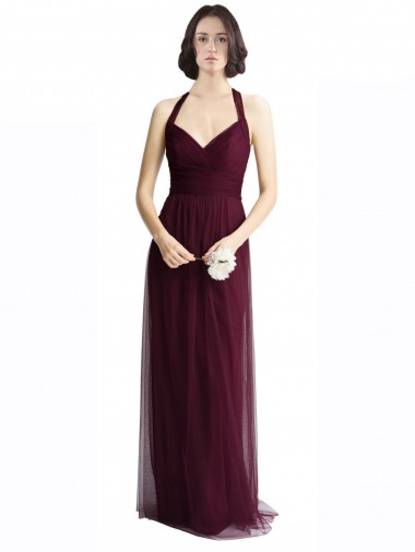 Achat Rouge 74 Trapèze Licou Col V Tulle Longue Robes demoiselle d'honneur