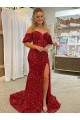 Achat Rouge Fourreau Épaule Dénudée Traîne moyenne Paillettes Velours Longue Robes de bal