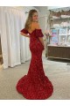 Achat Rouge Fourreau Épaule Dénudée Traîne moyenne Paillettes Velours Longue Robes de bal