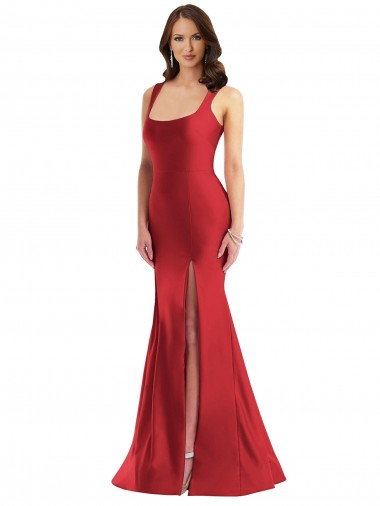 Achat Rouge Sirène Col Carré Satiné Soyeux Longue Formelles Robes demoiselle d'honneur / Robes de soirée / Robes de bal