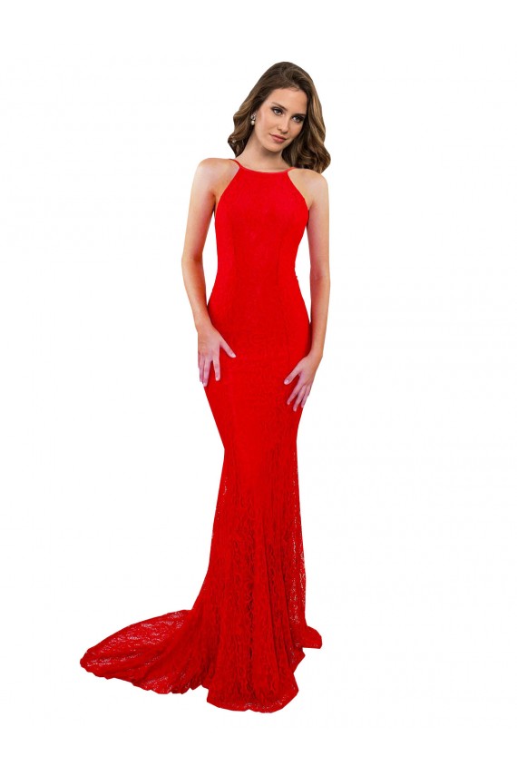 Achat Rouge Sirène Col Haut Dentelle Longue Formelles Robes demoiselle d'honneur / Robes de soirée / Robes de bal