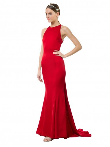 Achat Rouge Sirène Licou Col Haut Crêpe Stretch Longue Formelles Robes demoiselle d'honneur / Robes de soirée / Robes de bal