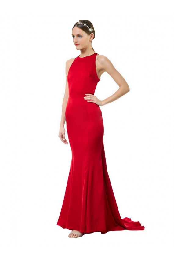 Achat Rouge Sirène Licou Col Haut Crêpe Stretch Longue Formelles Robes demoiselle d'honneur / Robes de soirée / Robes de bal