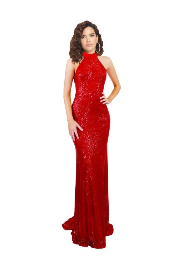 Achat Rouge Sirène Licou Col Haut Paillette Longue Formelles Robes demoiselle d'honneur / Robes de soirée / Robes de bal