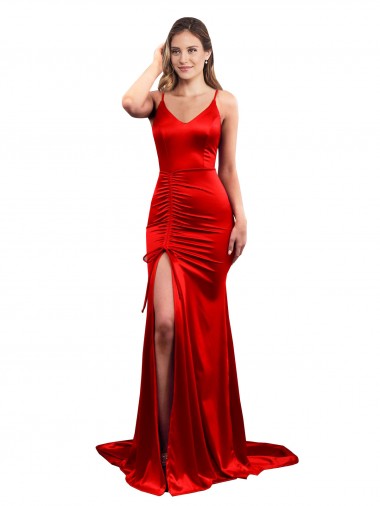 Achat Rouge Sirène Satiné Stretch Longue Formelles Robes demoiselle d'honneur / Robes de soirée / Robes de bal