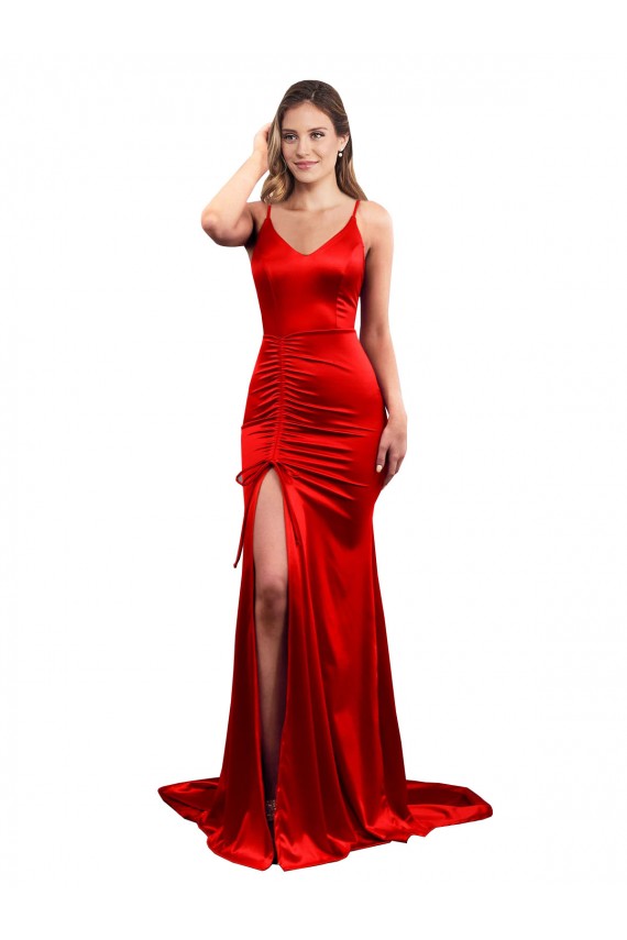 Achat Rouge Sirène Satiné Stretch Longue Formelles Robes demoiselle d'honneur / Robes de soirée / Robes de bal