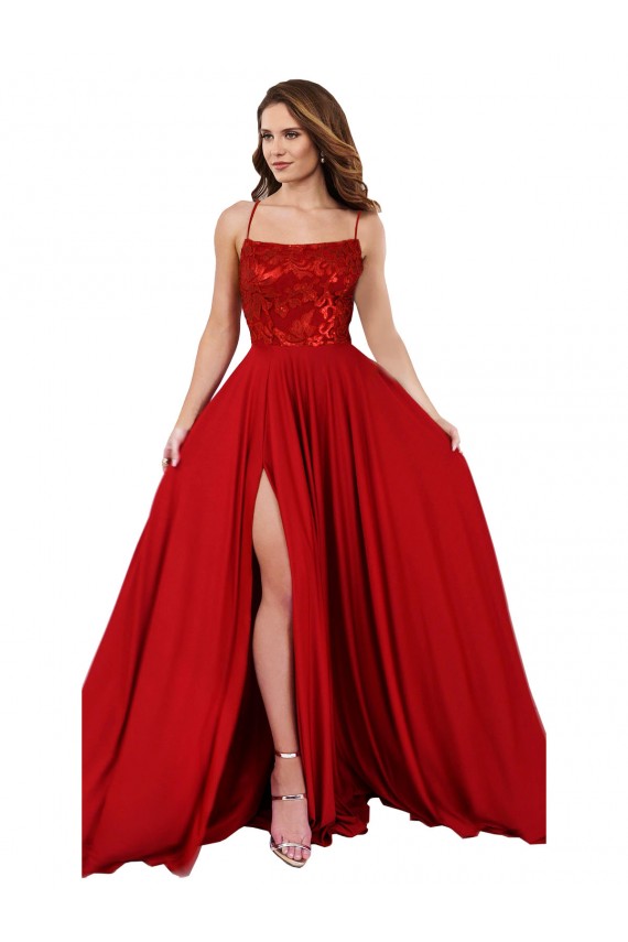 Achat Rouge Trapèze Bretelles spaghetti Col Carré Spandex Dentelle Longue Robes demoiselle d'honneur / Robes de bal