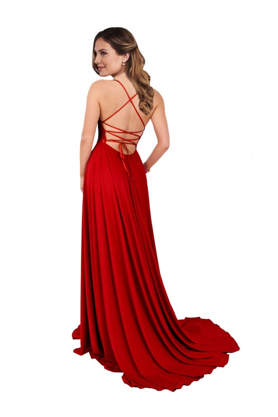Achat Rouge Trapèze Bretelles spaghetti Col Carré Spandex Dentelle Longue Robes demoiselle d'honneur / Robes de bal