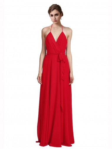 Achat Rouge Trapèze Bretelles spaghetti Col V Mousseline Longue Robes demoiselle d'honneur