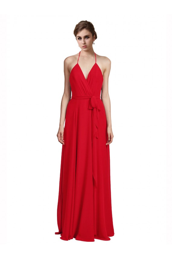 Achat Rouge Trapèze Bretelles spaghetti Col V Mousseline Longue Robes demoiselle d'honneur