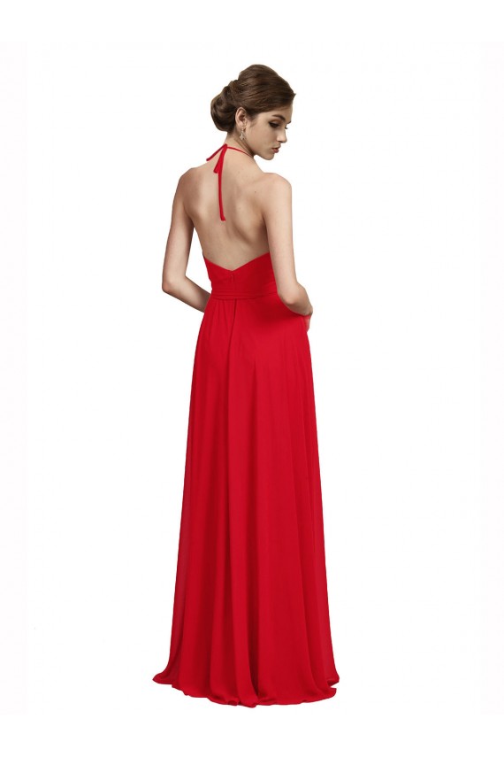 Achat Rouge Trapèze Bretelles spaghetti Col V Mousseline Longue Robes demoiselle d'honneur