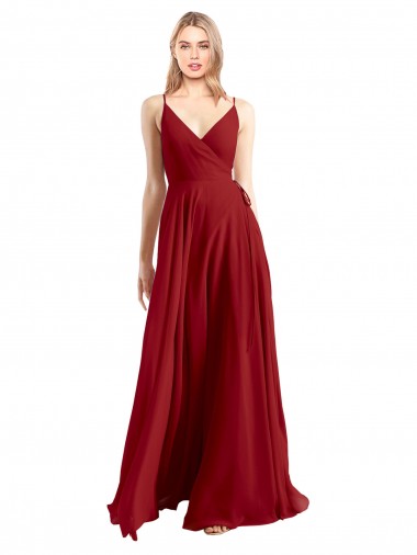Achat Rouge Trapèze Bretelles spaghetti Col V Mousseline Longue Robes demoiselle d'honneur