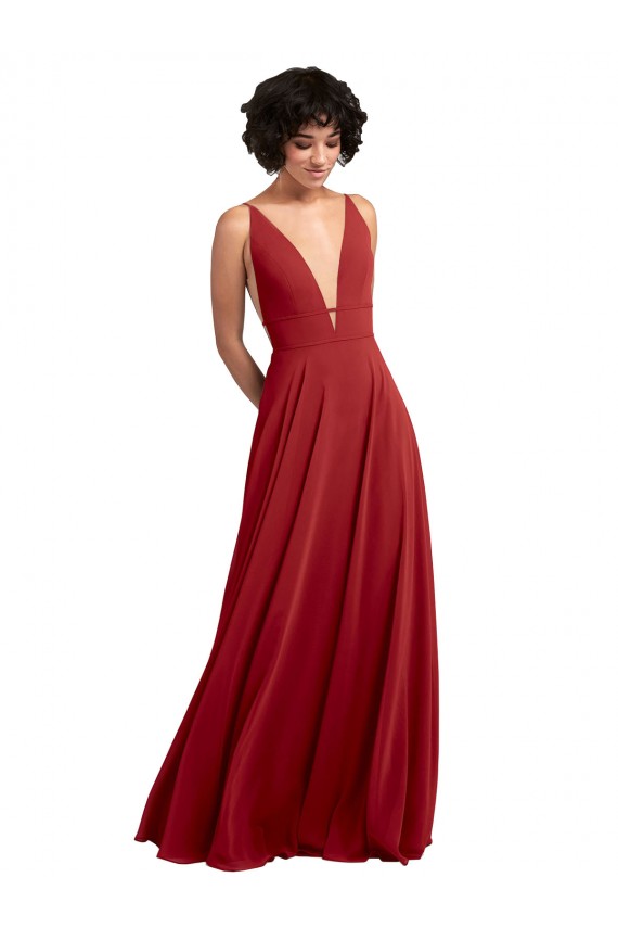 Achat Rouge Trapèze Col V Mousseline Longue Robes demoiselle d'honneur