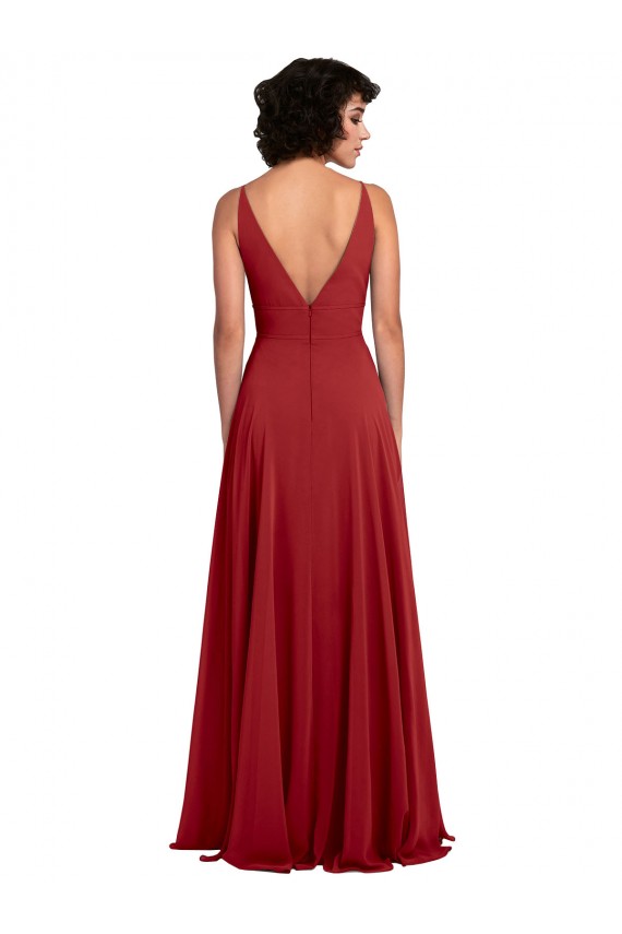 Achat Rouge Trapèze Col V Mousseline Longue Robes demoiselle d'honneur