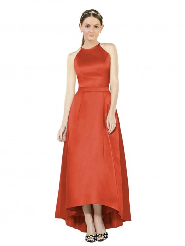 Achat Rouge Épice Trapèze Licou Satiné Longue Asymétrique Robes demoiselle d'honneur
