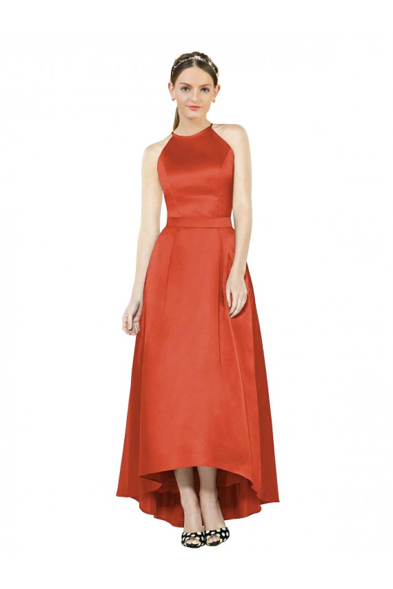 Achat Rouge Épice Trapèze Licou Satiné Longue Asymétrique Robes demoiselle d'honneur