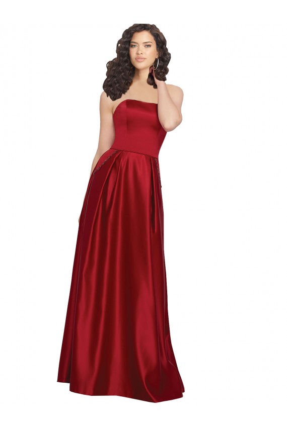 Achat Rouge foncé Trapèze Sans bretelle Satiné Longue Robes demoiselle d'honneur / Robes de bal