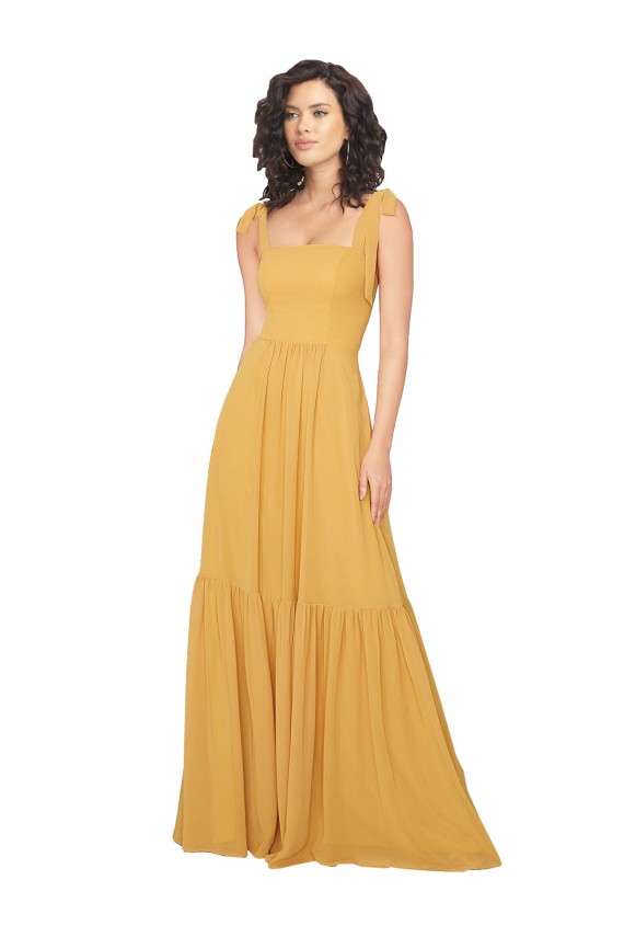 Achat Safran Trapèze Col Carré Mousseline Longue Robes demoiselle d'honneur