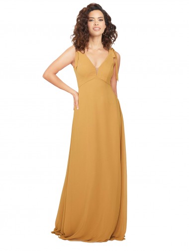 Achat Safran Trapèze Col V Mousseline Longue Robes demoiselle d'honneur